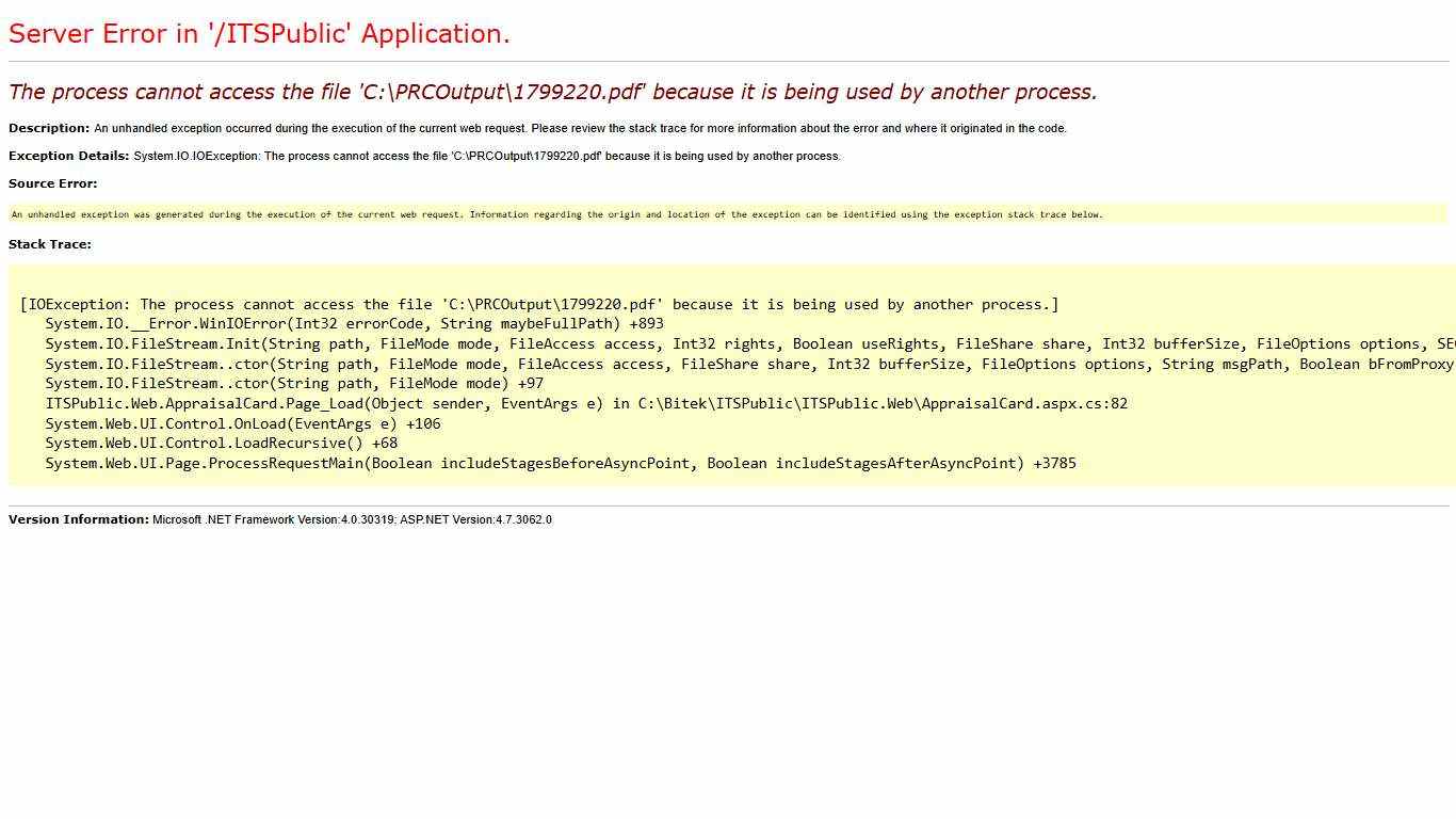 The process cannot access the file 'C:\PRCOutput\1799220.pdf' because it is being used by another process.